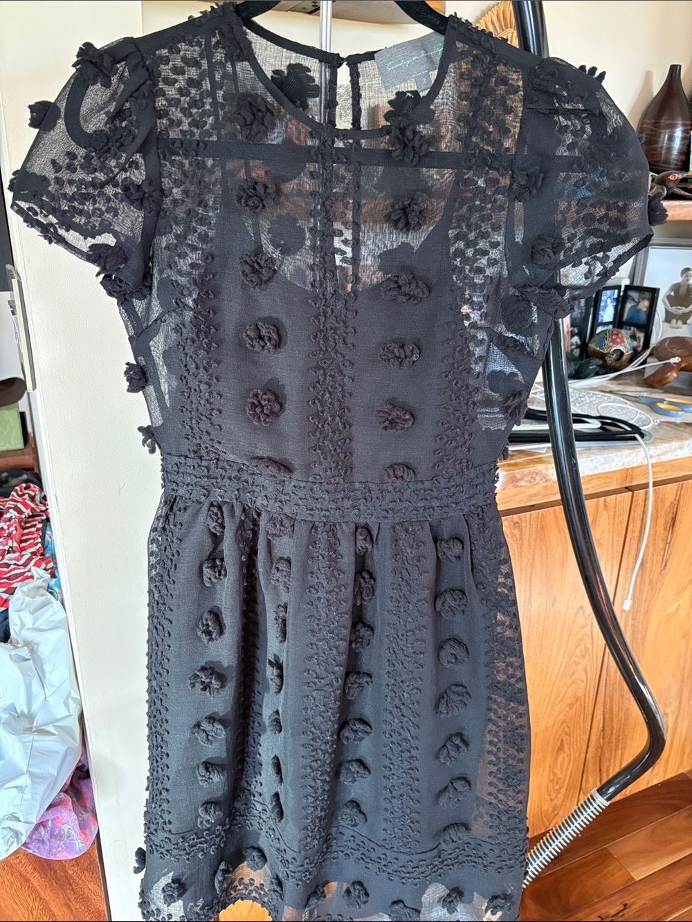 Anthropologie Black Appliqué Mesh Fit-and-Flare Mini Dress - Picture 4 of 5